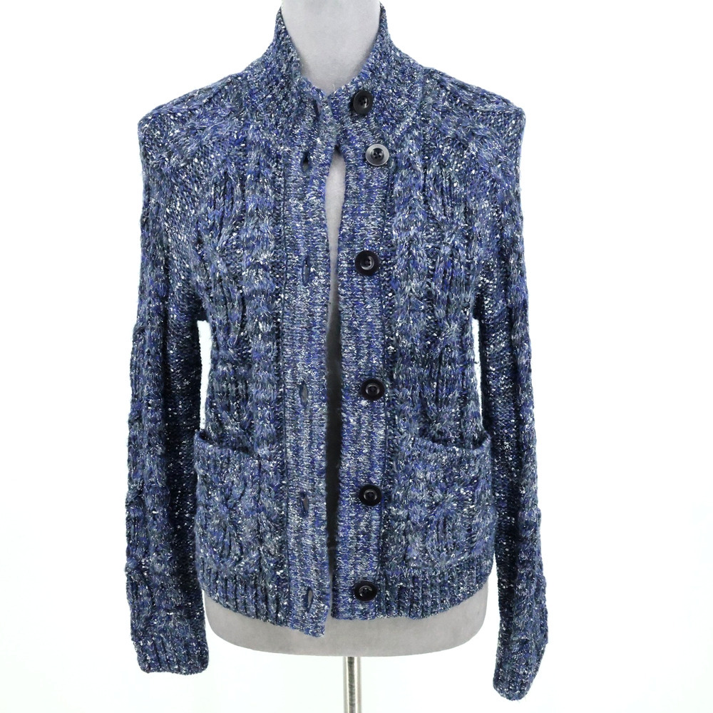 Talbots Sweater Petites SP PS Blue Wool Blend Cardigan Pockets Mock Neck